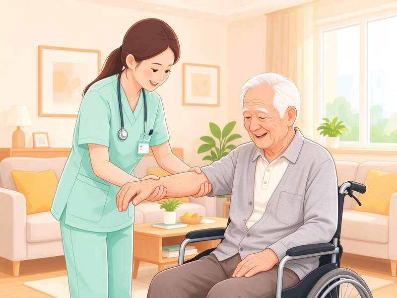 护理人员搀扶老人出行