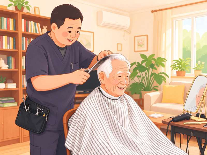 护理人员为老人理发