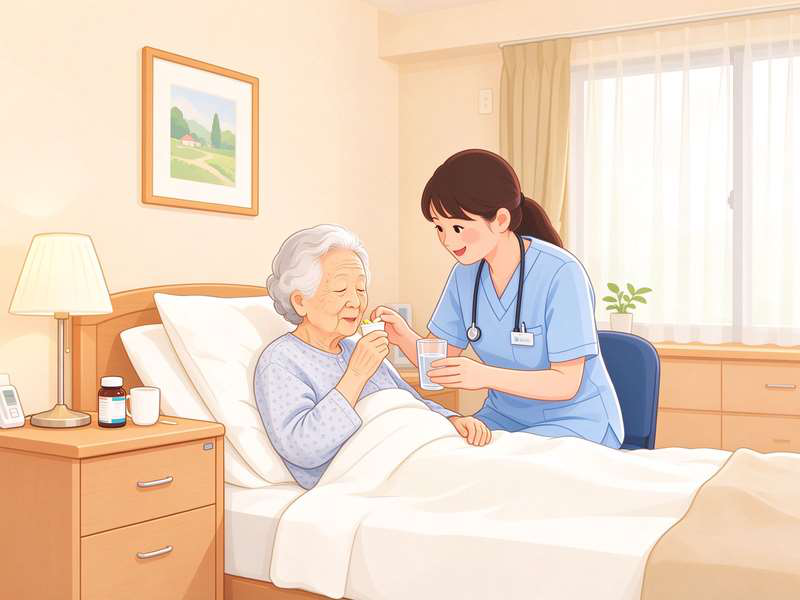 护理人员为卧床老人喂药