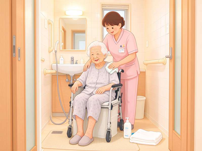 护理人员协助老人清洁擦身